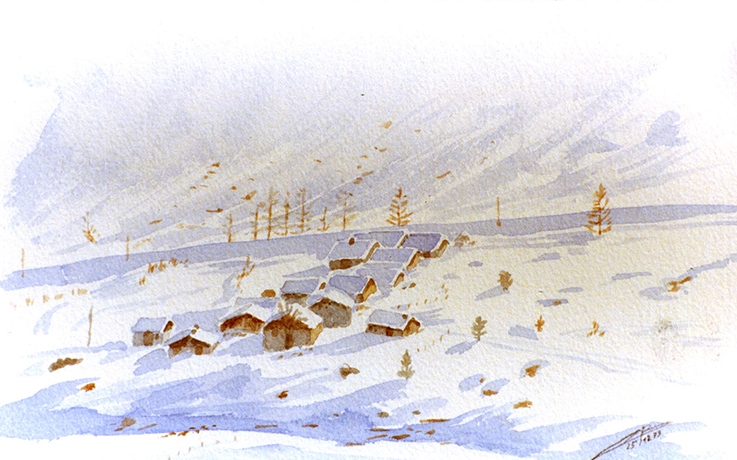 aquarelle-vallorcine-hameau-neige-2-